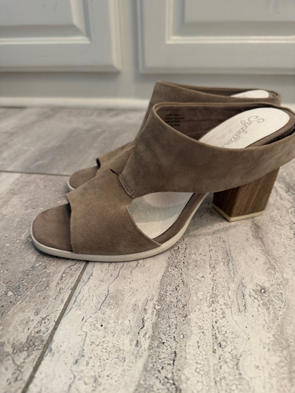 Seychelles Taupe Suede Open-Toe Mule Heels